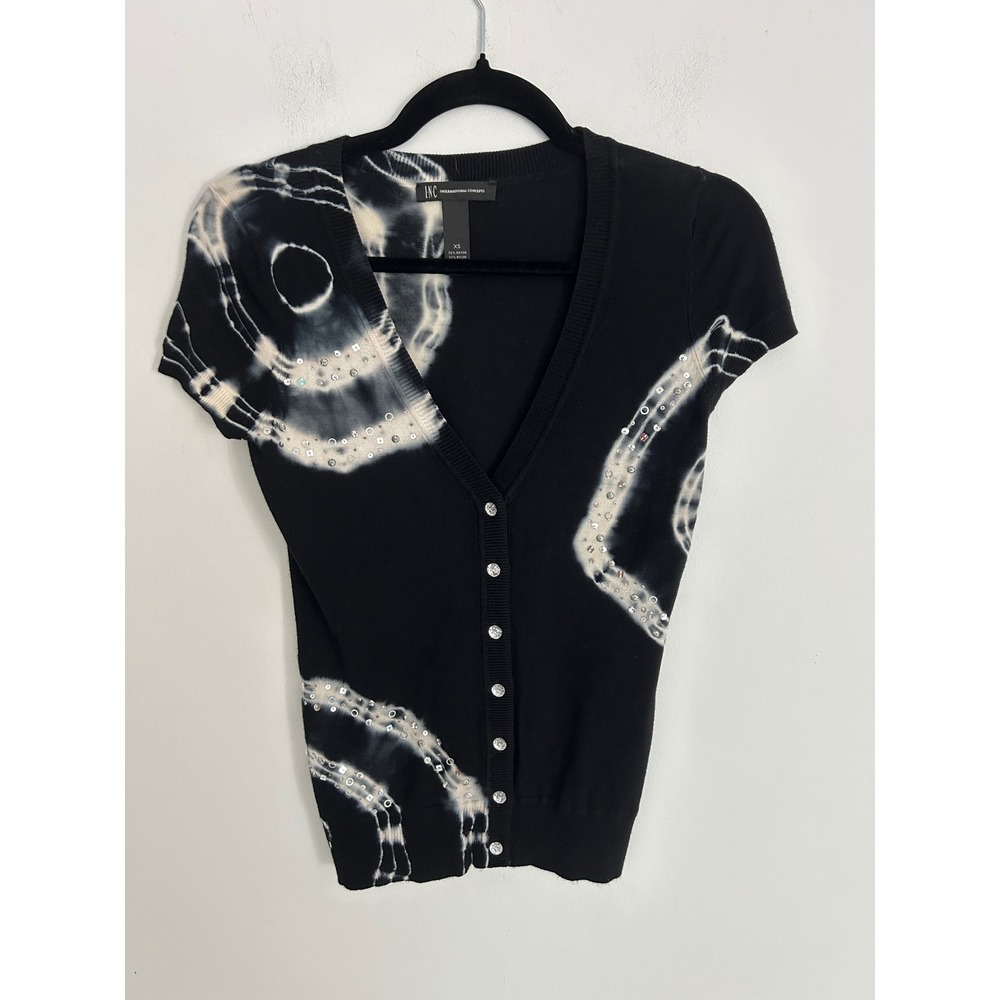 INC International Concepts Womens XS Tie Dye Sequin Cardigan Black White V-Neck